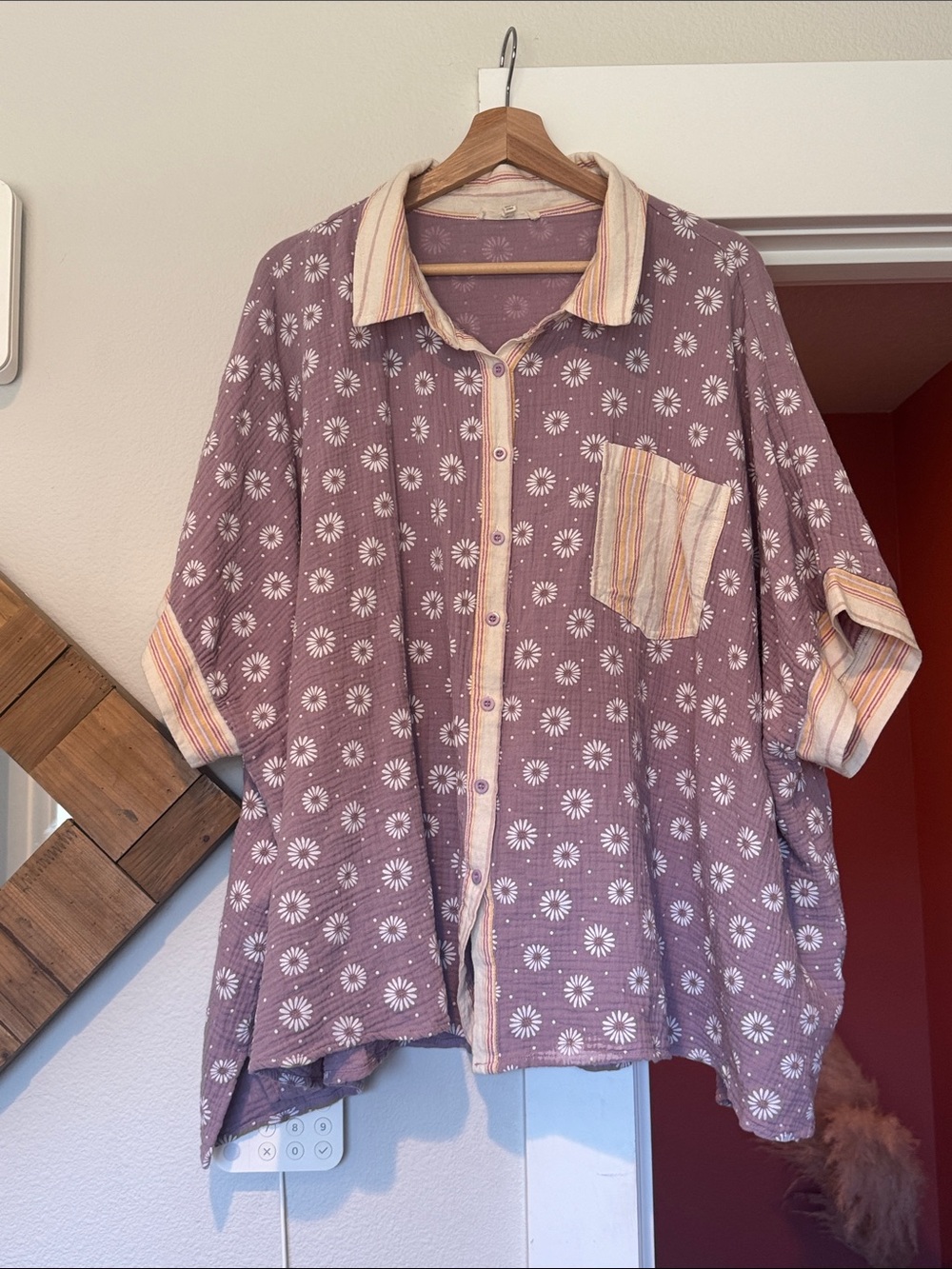 easel Lavender and Cream Striped Trim Shirt